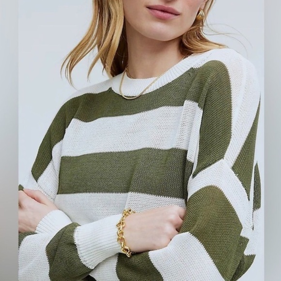 Madewell Loose Knit Crewneck Striped Sweater Ivory/Olive Green Sz Small - Picture 5 of 14